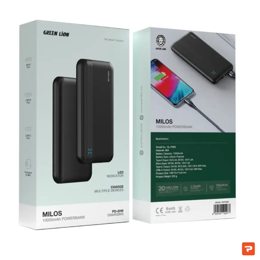 پاوربانک 10000mAh گرین لاین مدل Milos GNMIL10KPBBK