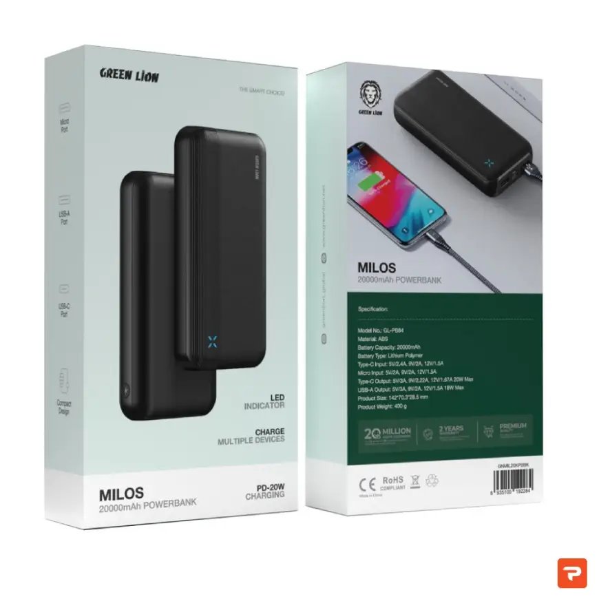 پاوربانک 20000mAh گرین لاین مدل Milos GNMIL20KPBBK